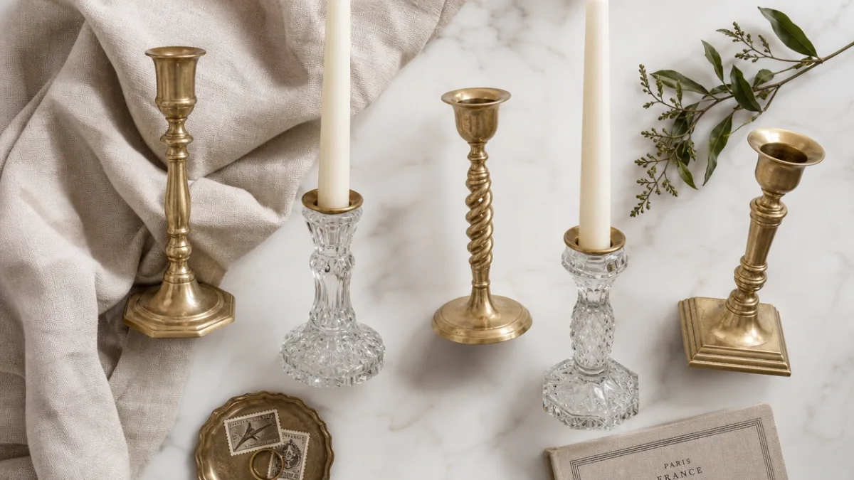 a styled flat lay of elegant candlestick holders in brass and crystal…