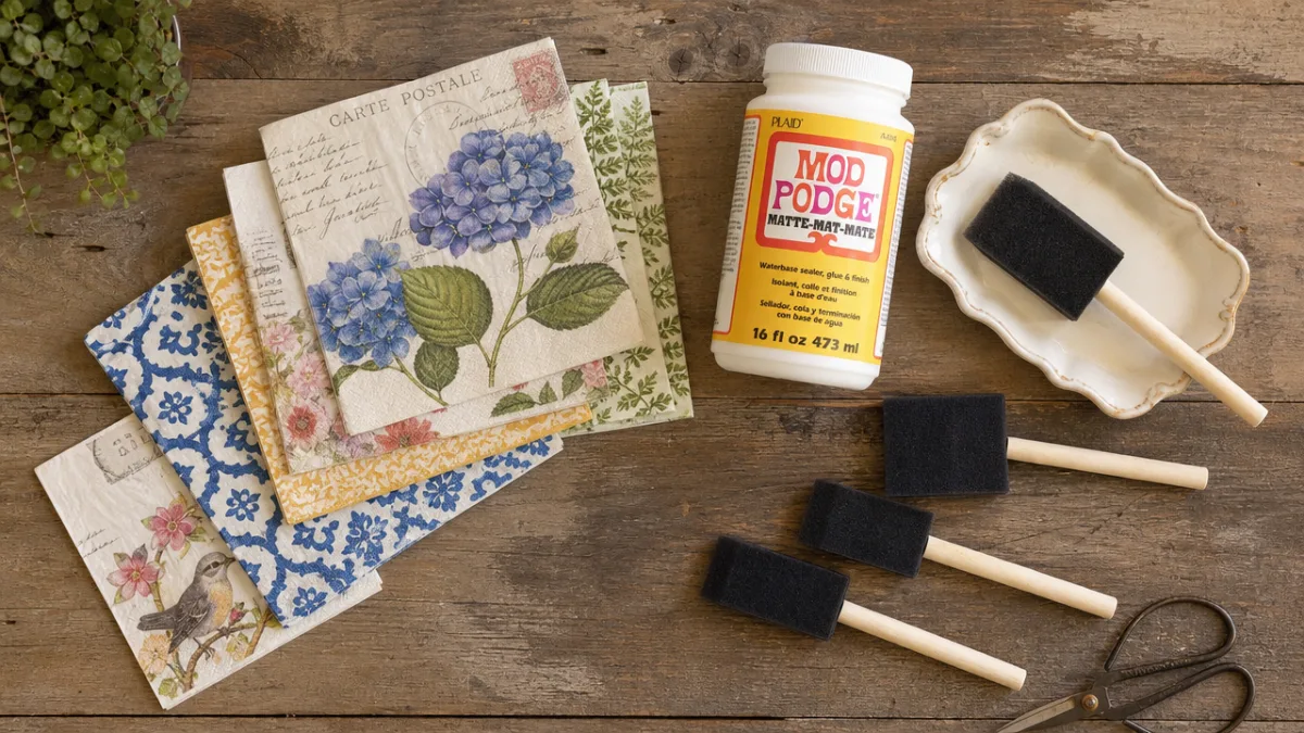 a flat lay of craft supplies including paper napkins, foam brushes, and…