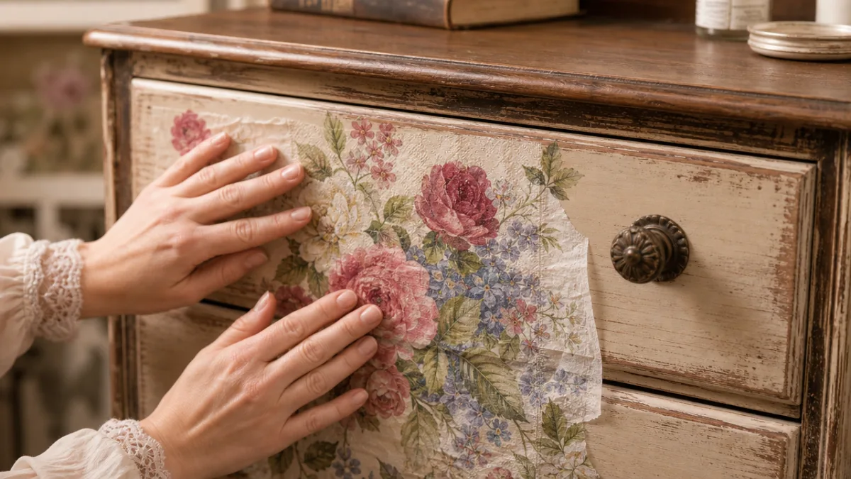 hands gently smoothing a floral paper napkin onto a vintage wooden dresser…