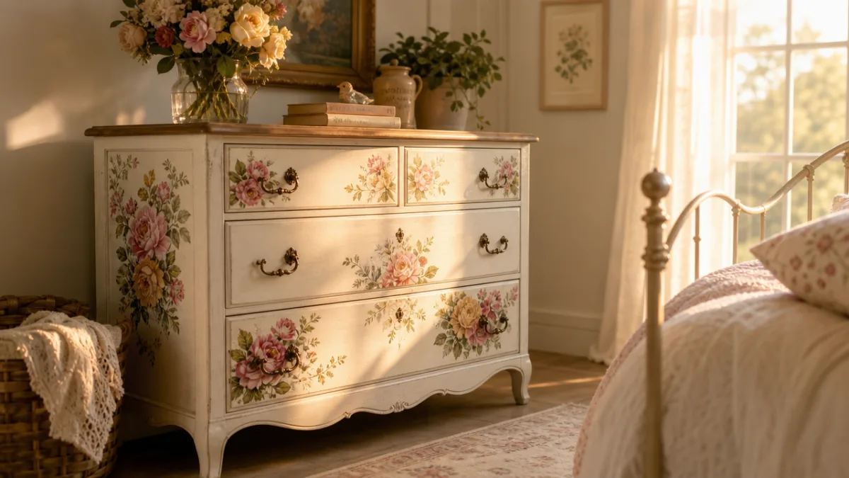 a beautifully finished upcycled dresser with floral napkin decoupage details in a…
