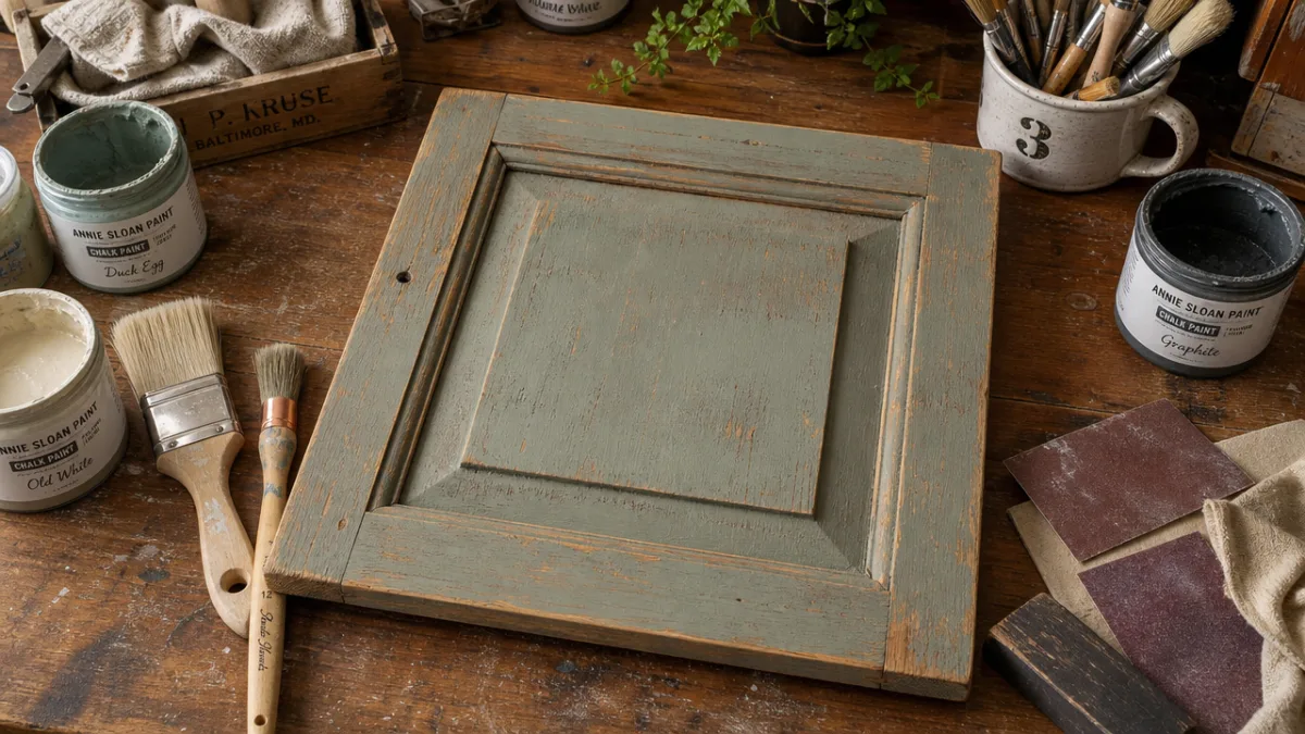 a rustic wooden cabinet door laid flat on a craft table surrounded…