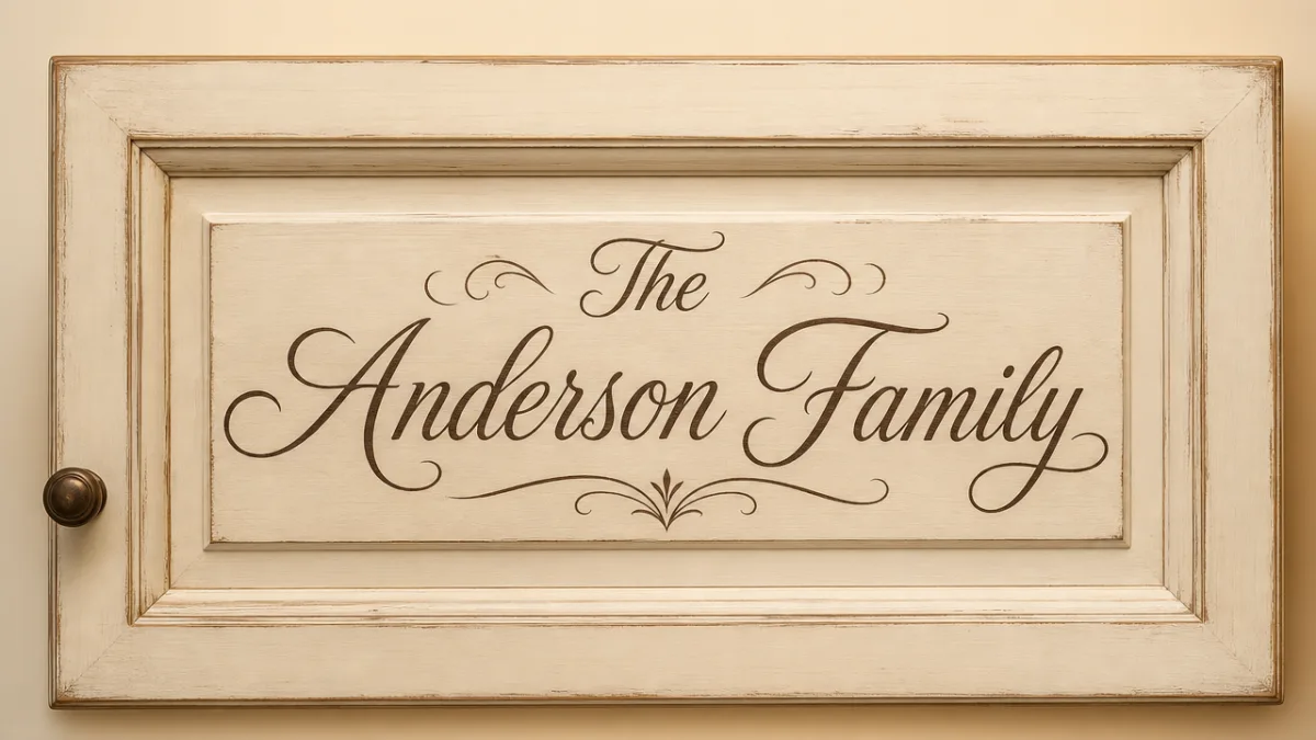 a painted wooden cabinet door sign displaying a family name in elegant…
