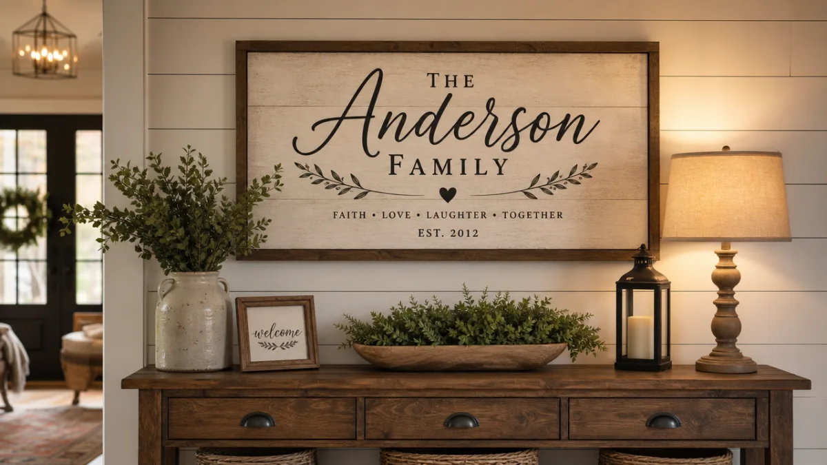 a finished family sign hung on a shiplap farmhouse wall above a…