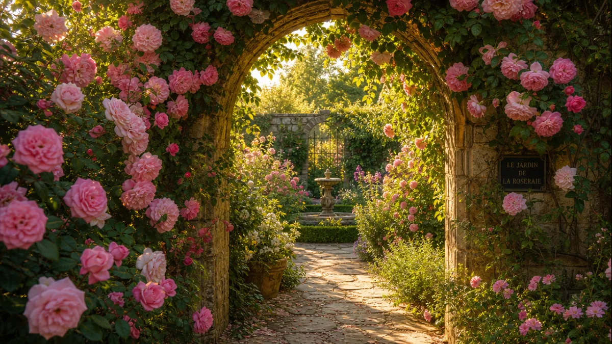 a lush garden archway covered in climbing roses in full bloom, warm…