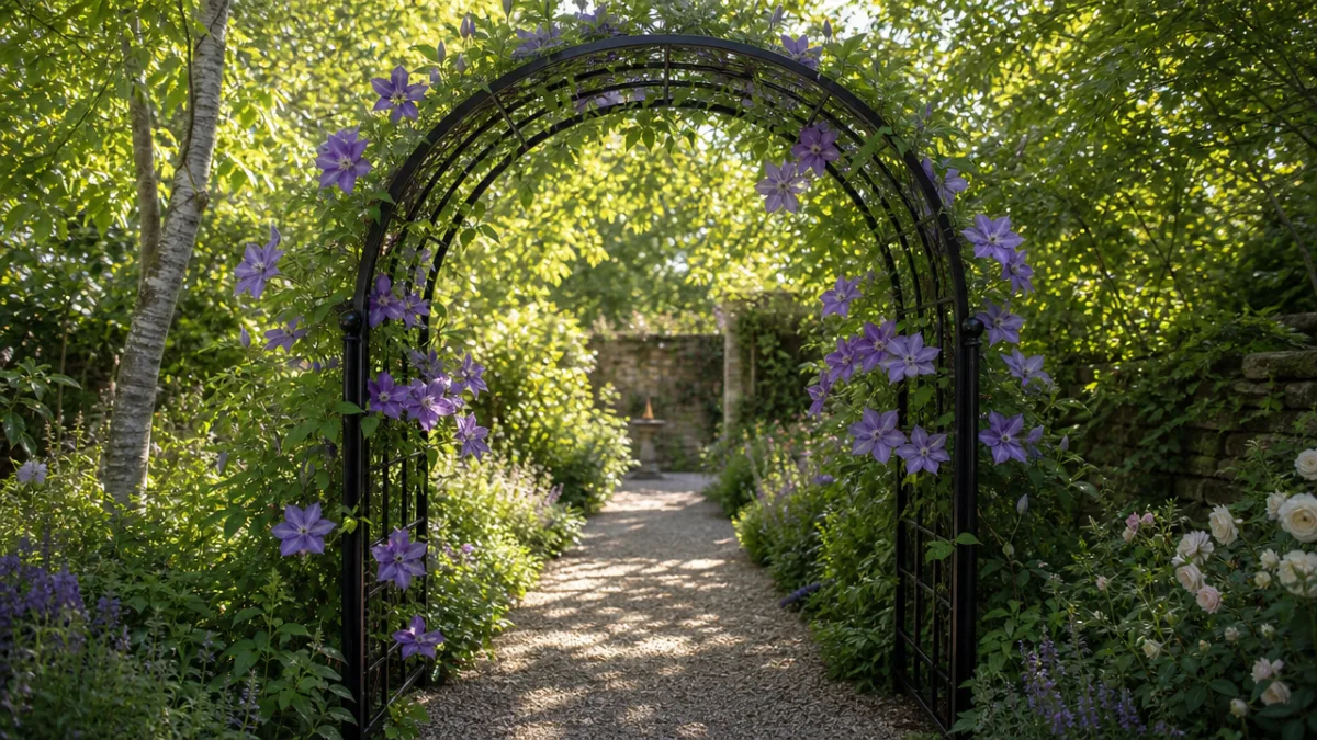 a sleek black metal garden arch with climbing clematis, dappled sunlight creating…