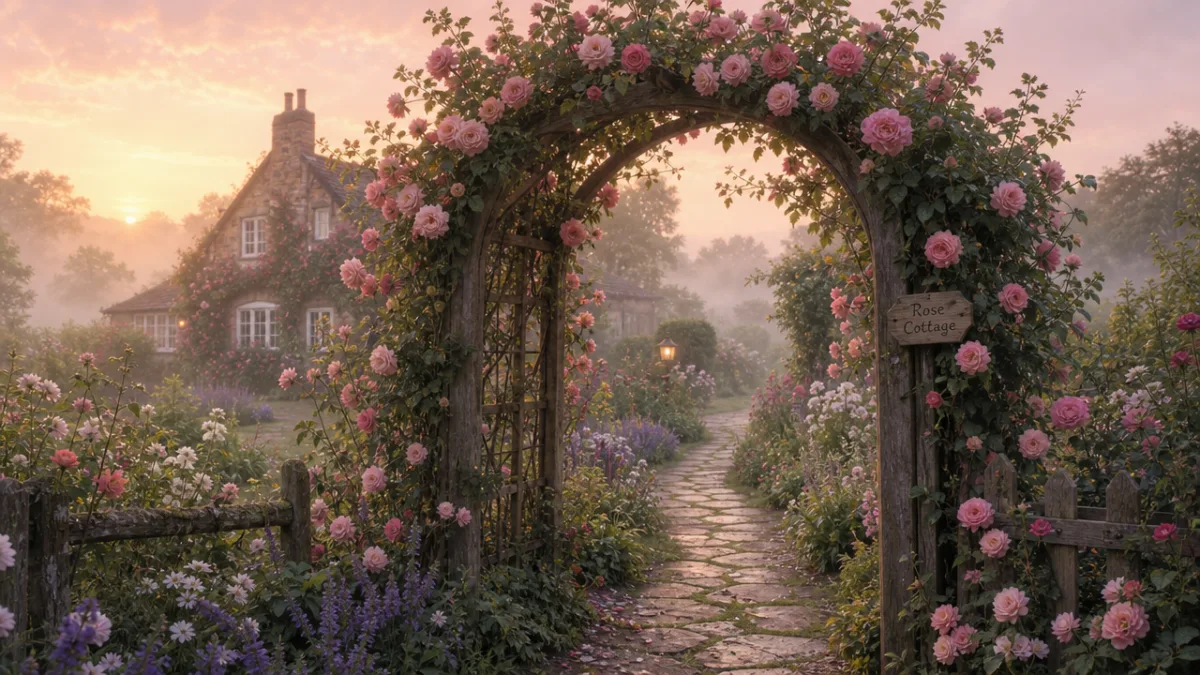 a cottage garden path leading through a rose-covered wooden arch, soft morning…