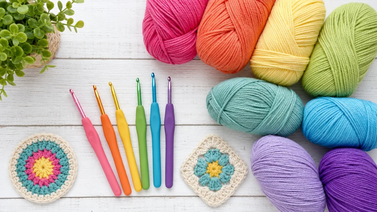 a flat lay of colorful yarn skeins and crochet hooks arranged on…