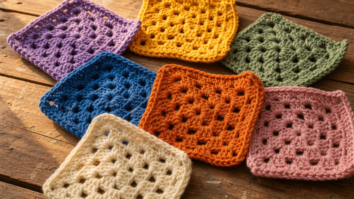 a close-up of colorful solid granny squares arranged on a rustic wooden…