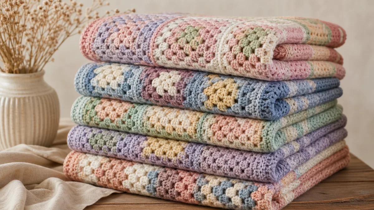 a neatly stacked pile of finished solid granny square blankets in pastel…