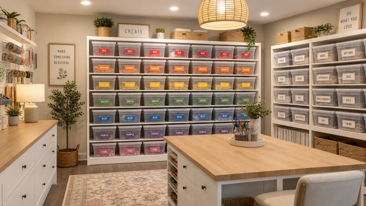 a neatly organized craft room with rows of matching clear storage bins…