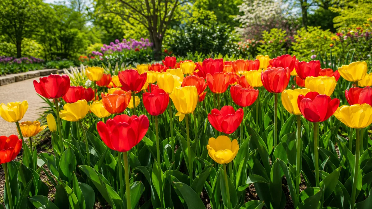 vibrant red and yellow tulips blooming in a lush spring garden, bright…