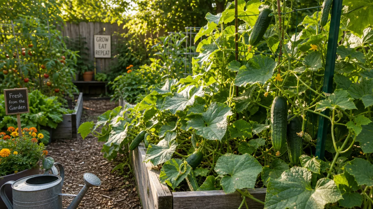 a lush backyard vegetable garden with cucumber vines sprawling across raised beds,…