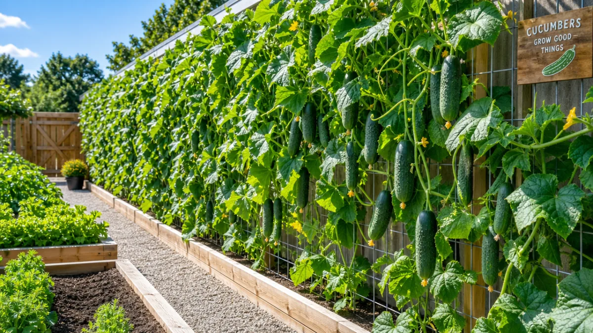 a neat vegetable garden grow wall covered in vibrant green cucumber vines…