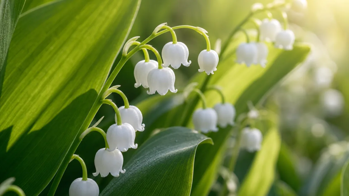 a close-up of delicate white Lily of the Valley bell flowers on…