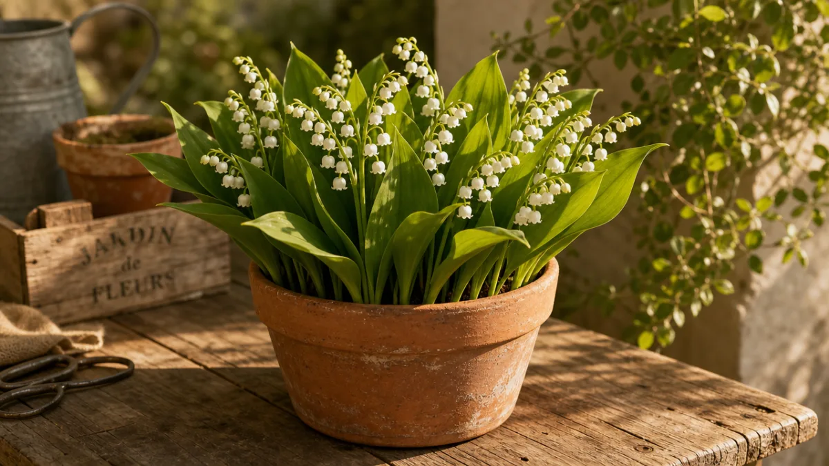 a terracotta pot filled with lush Lily of the Valley plants on…