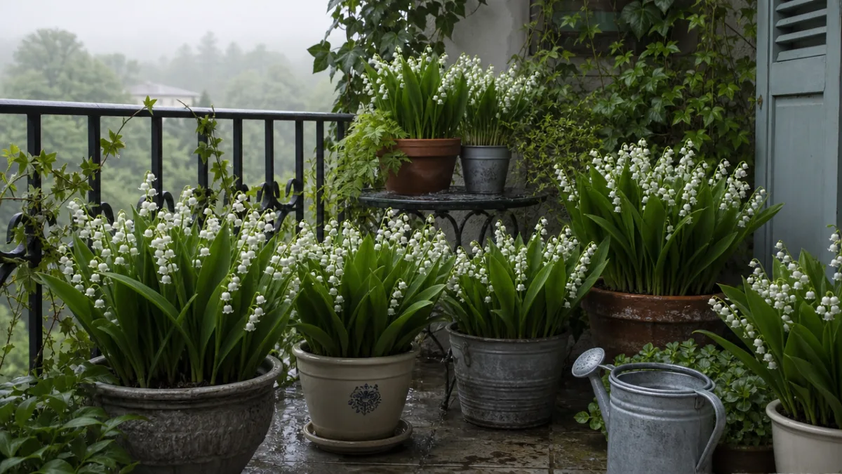 a shaded balcony garden with multiple pots of Lily of the Valley…