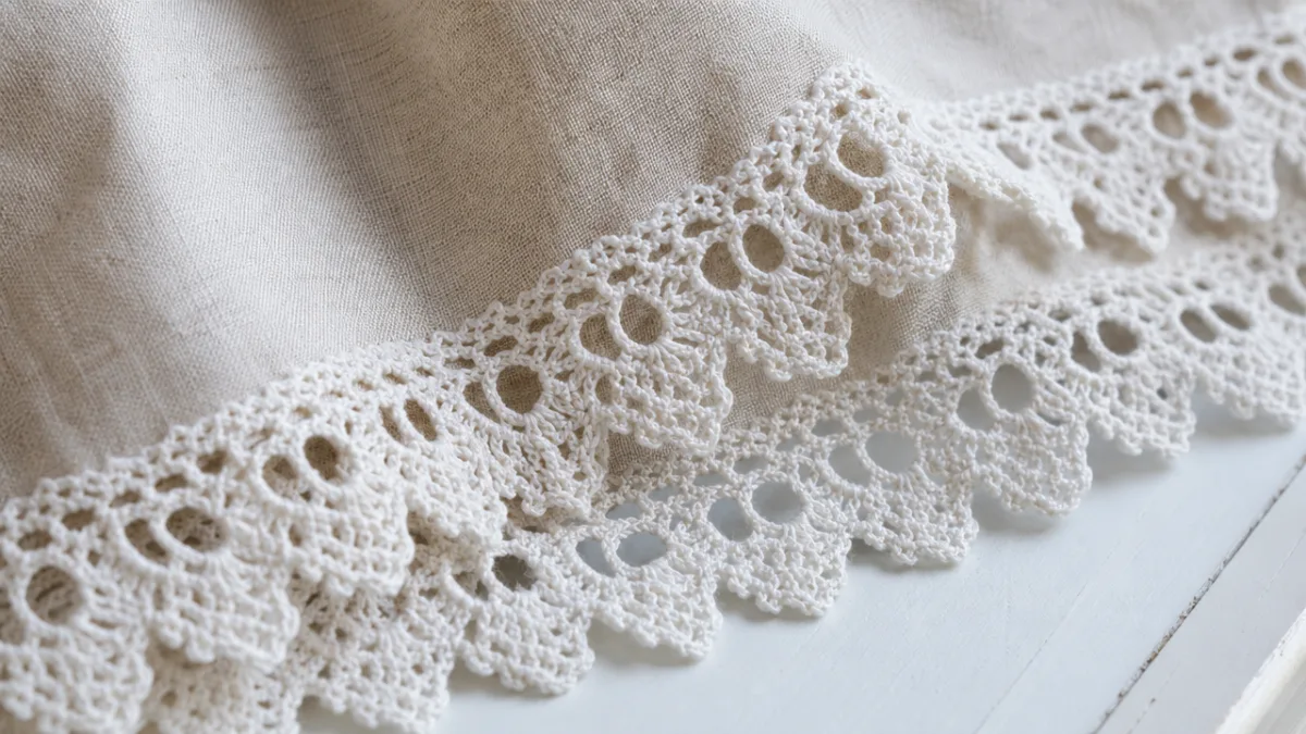 close-up of delicate white crochet lace edging on linen fabric, soft natural…