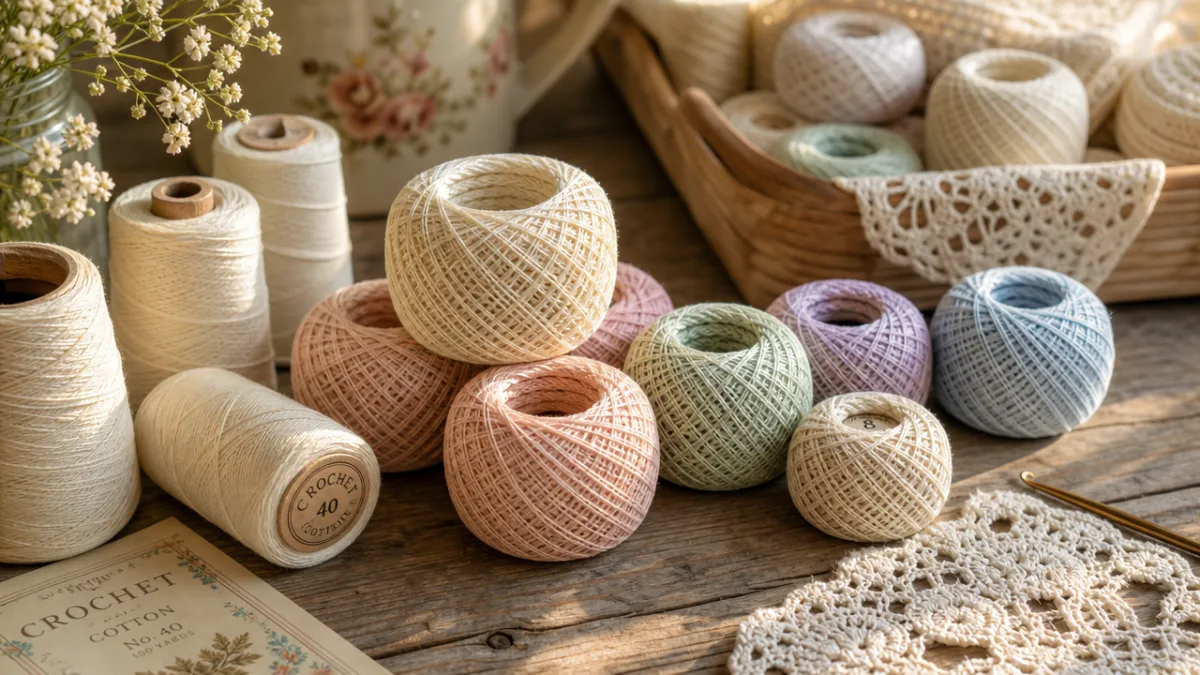 assorted crochet thread spools in ivory and pastel tones arranged on a…