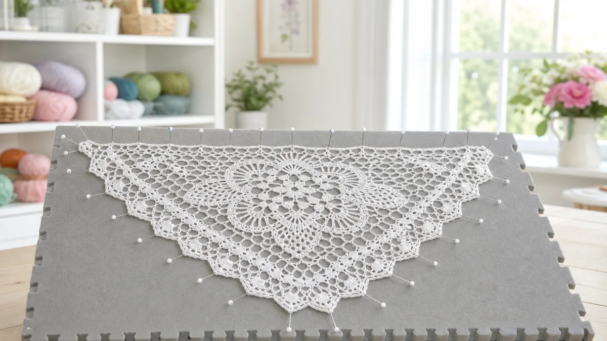 neatly pinned white crochet lace drying on foam blocking board, bright airy…