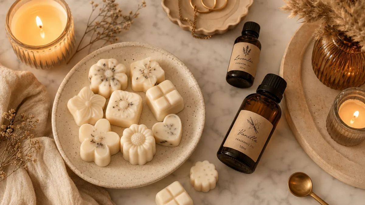 a warm flat lay of creamy wax melts and amber glass bottles…