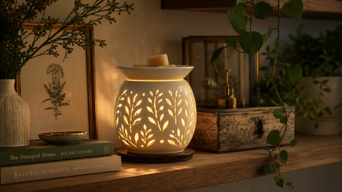 an elegant wax warmer glowing softly on a wooden shelf surrounded by…