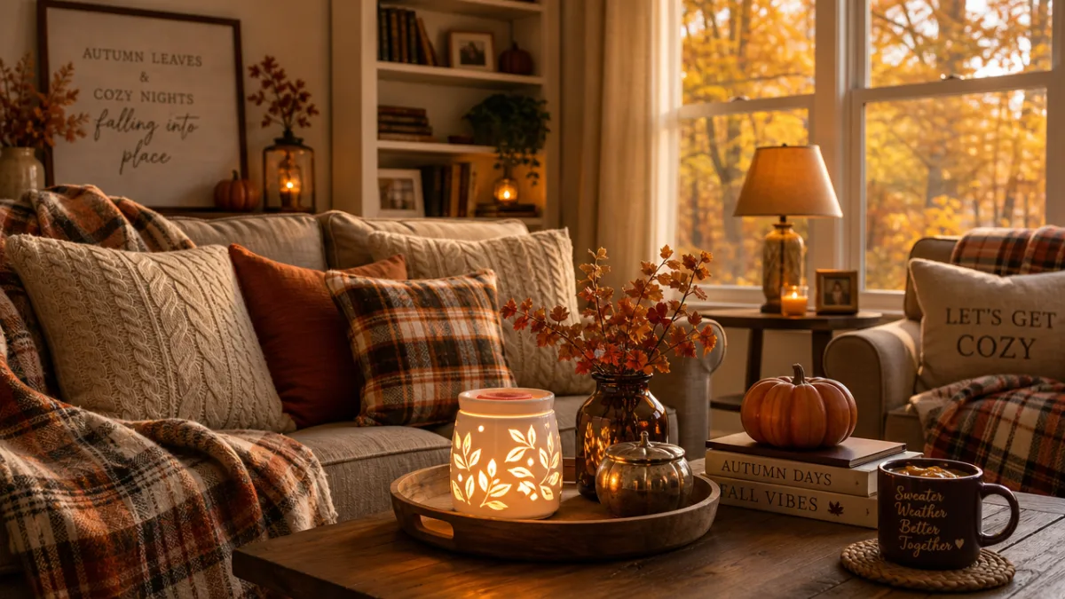 a cozy autumn living room with lit wax warmer, plaid throws, and…