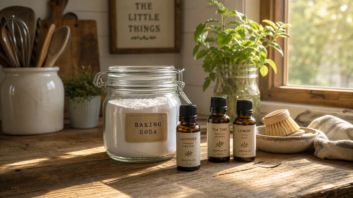 a rustic wooden kitchen counter with glass jars of baking soda and…