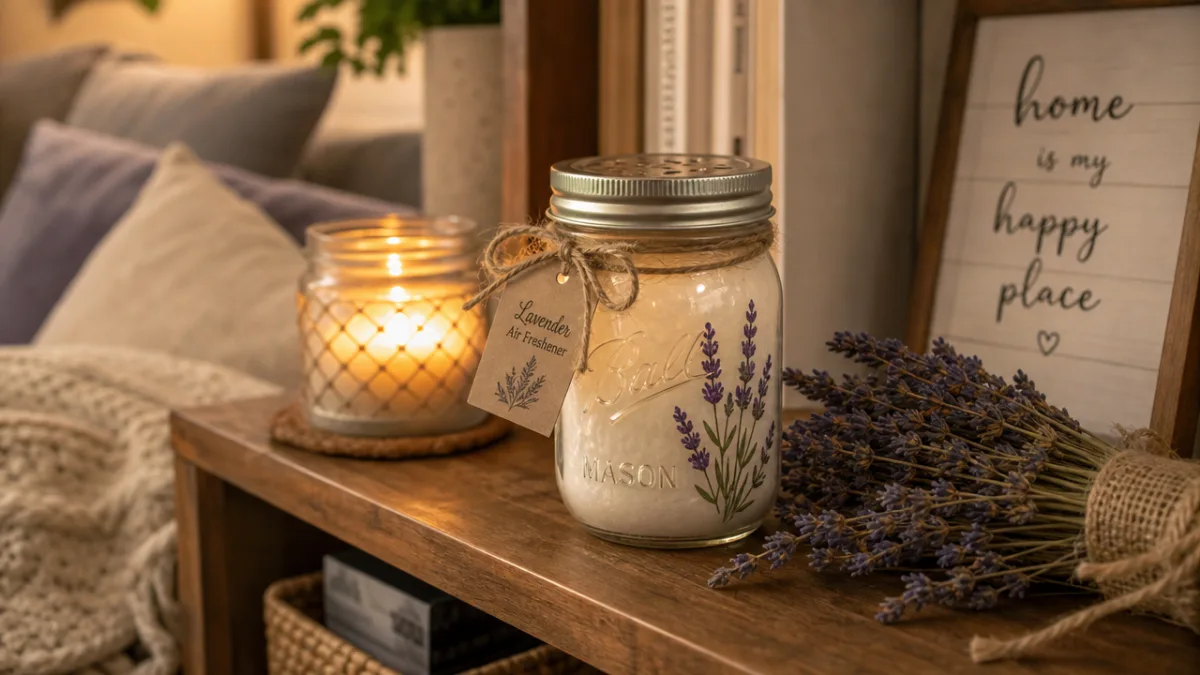 a cozy living room shelf with a decorated mason jar air freshener,…