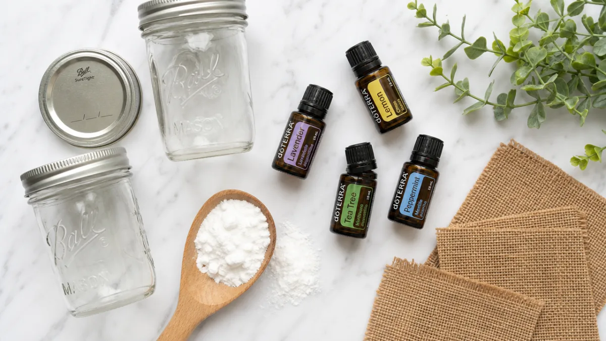 a flat lay of essential oil bottles, baking soda in a wooden…