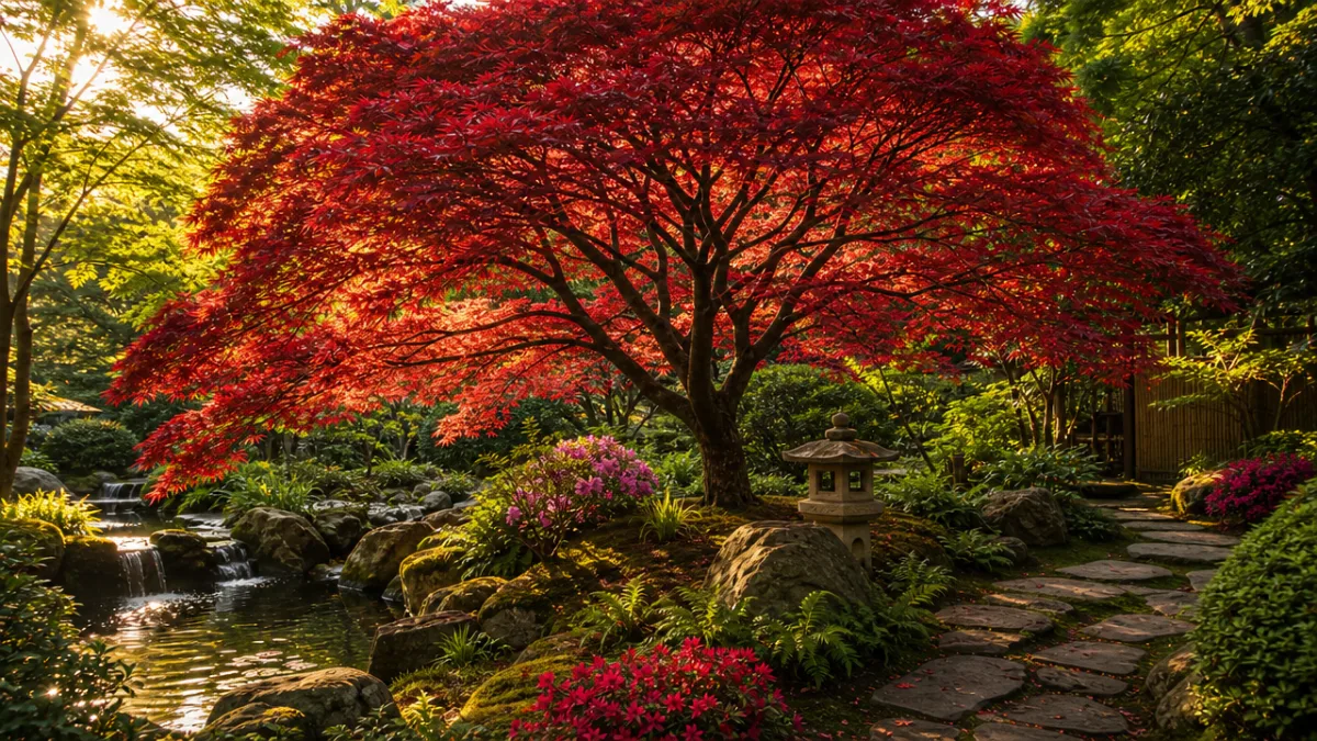 a lush garden featuring a mature Japanese maple with crimson foliage as…