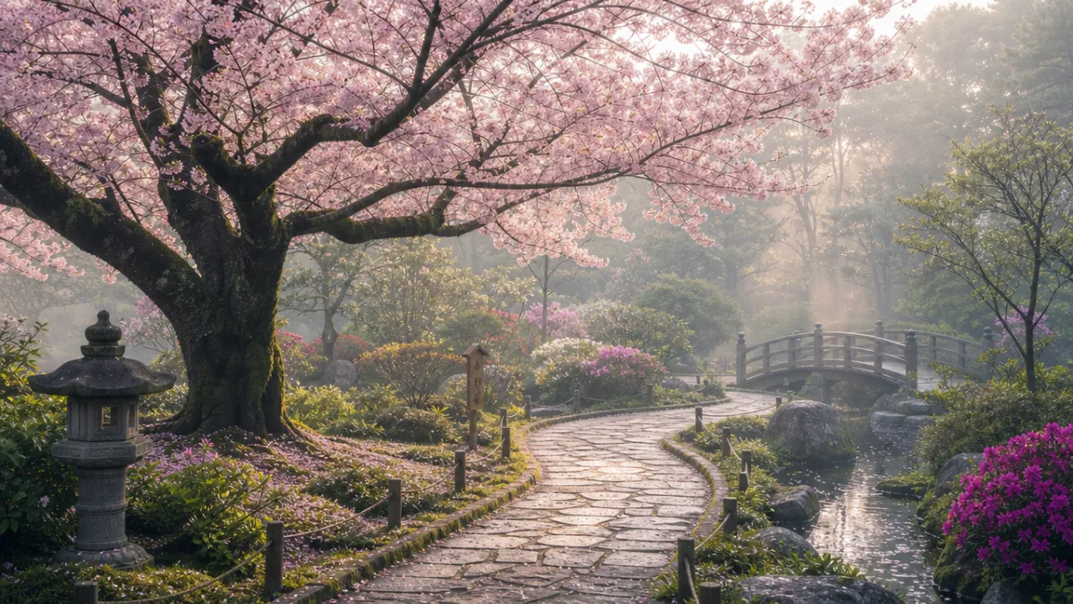 a winding stone path curving past a flowering cherry tree in a…