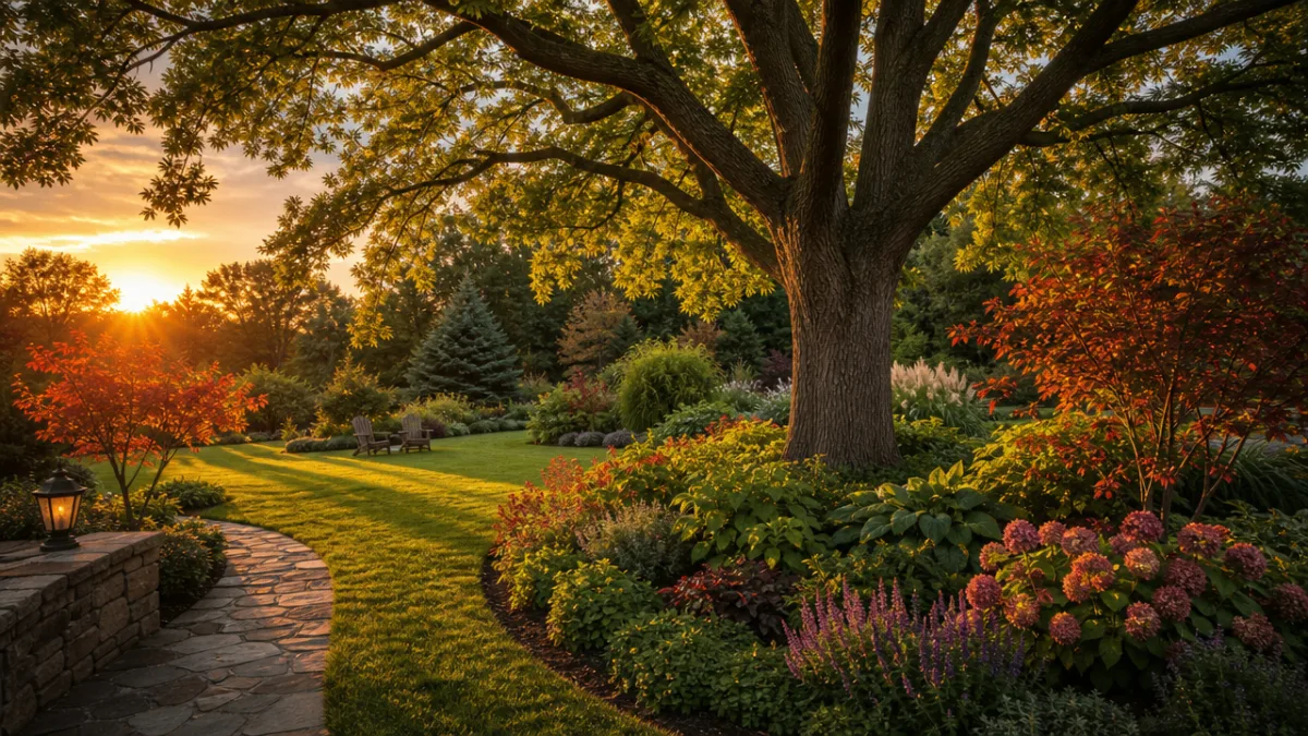 a well-maintained garden with a large oak tree surrounded by layered plantings,…
