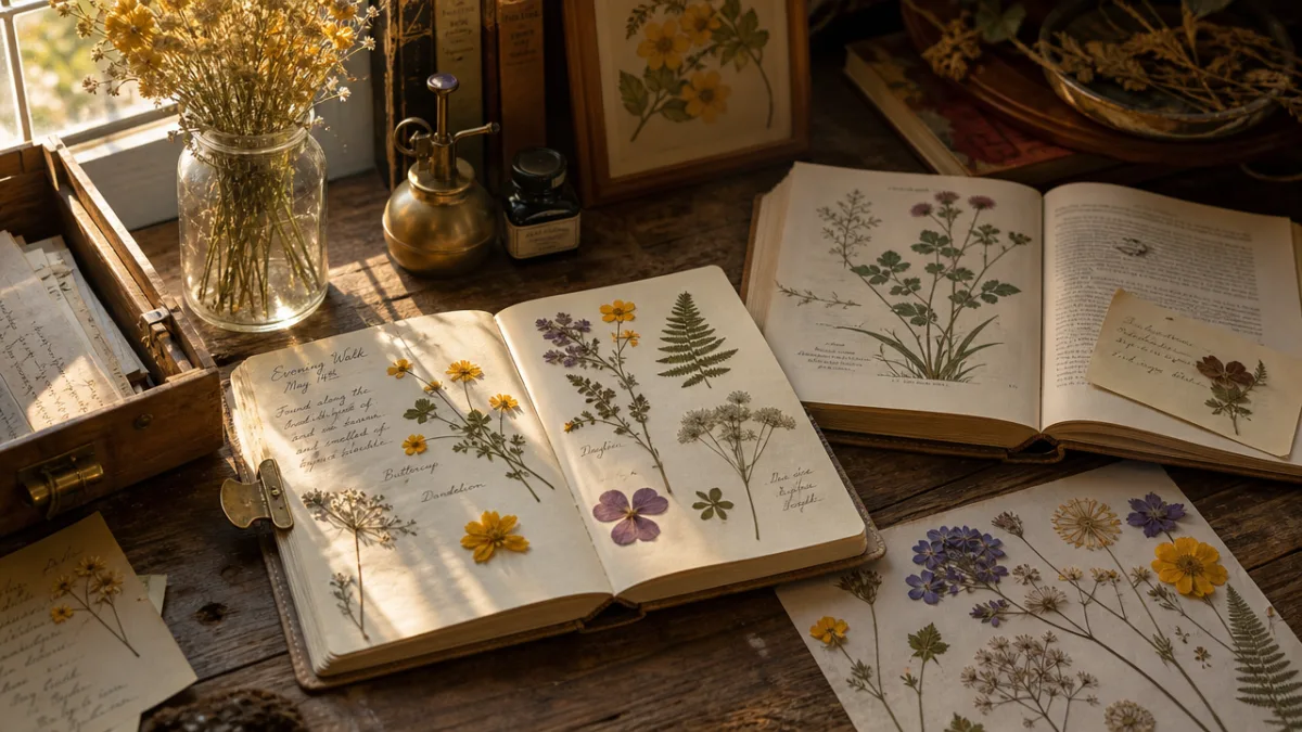 a rustic wooden table covered with pressed flowers, open botanical journals, and…
