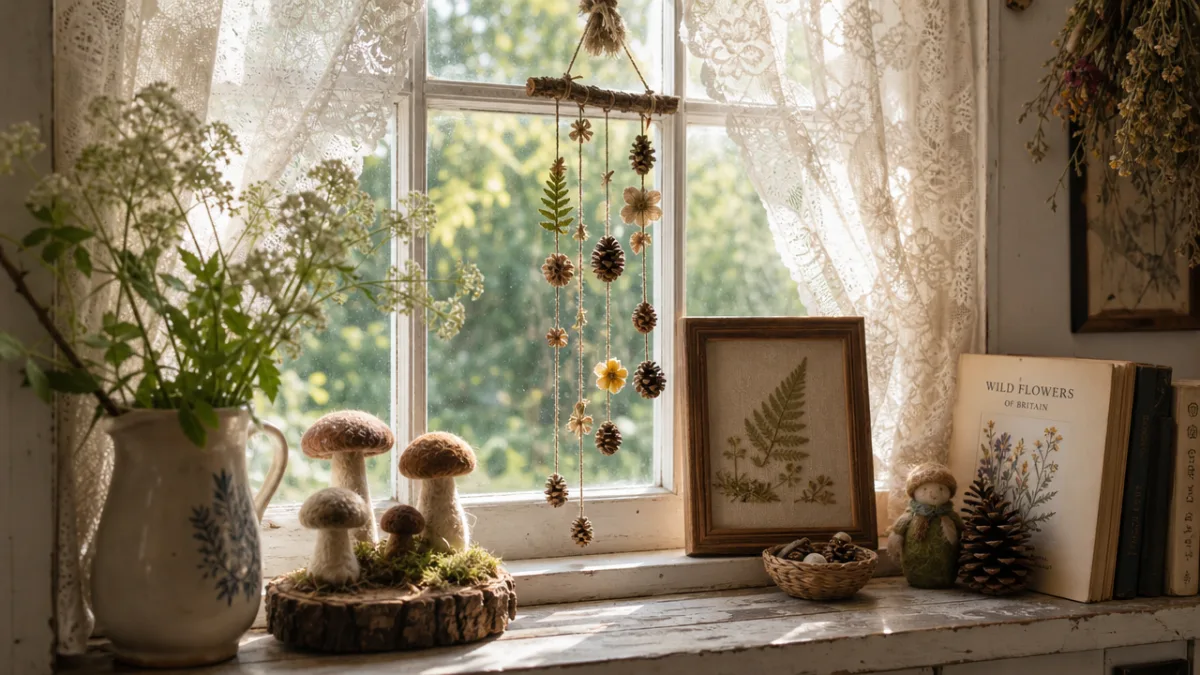 a cozy cottage windowsill decorated with handmade nature decor, soft morning light…