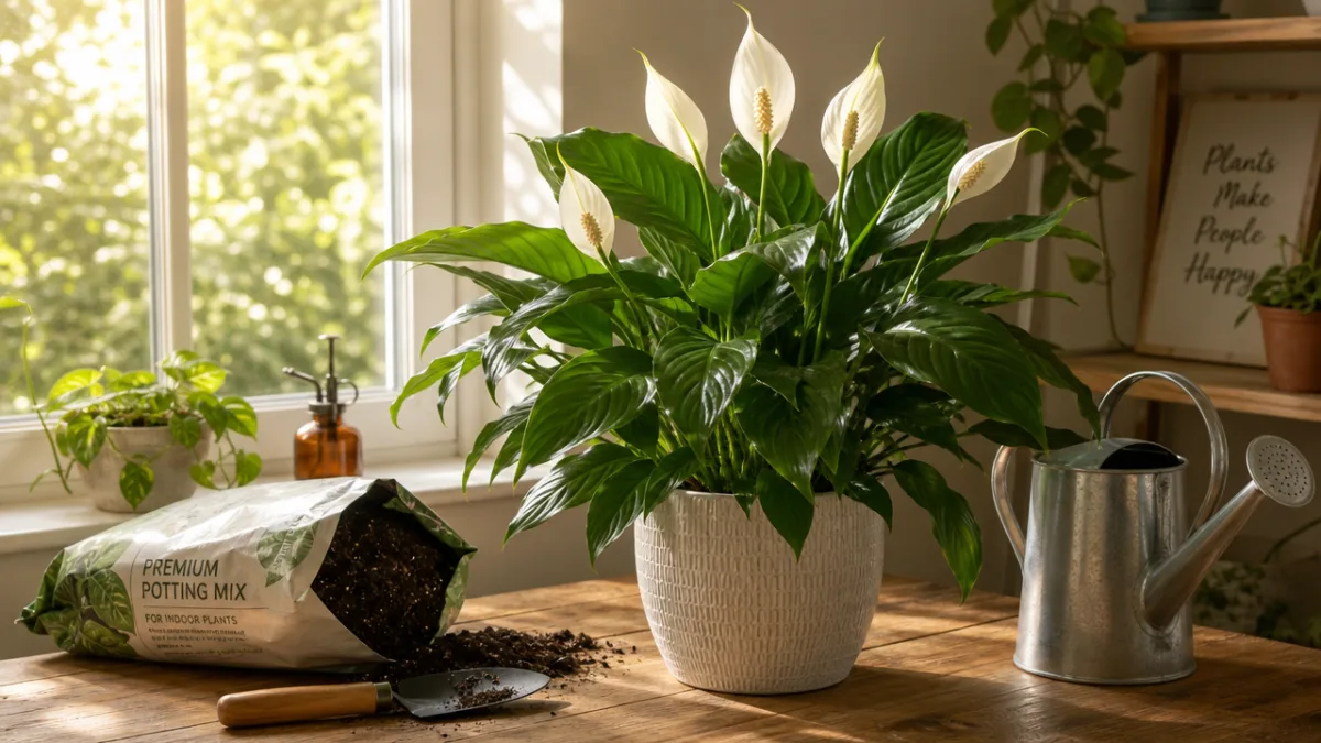 a lush peace lily on a wooden table near a sunlit window,…