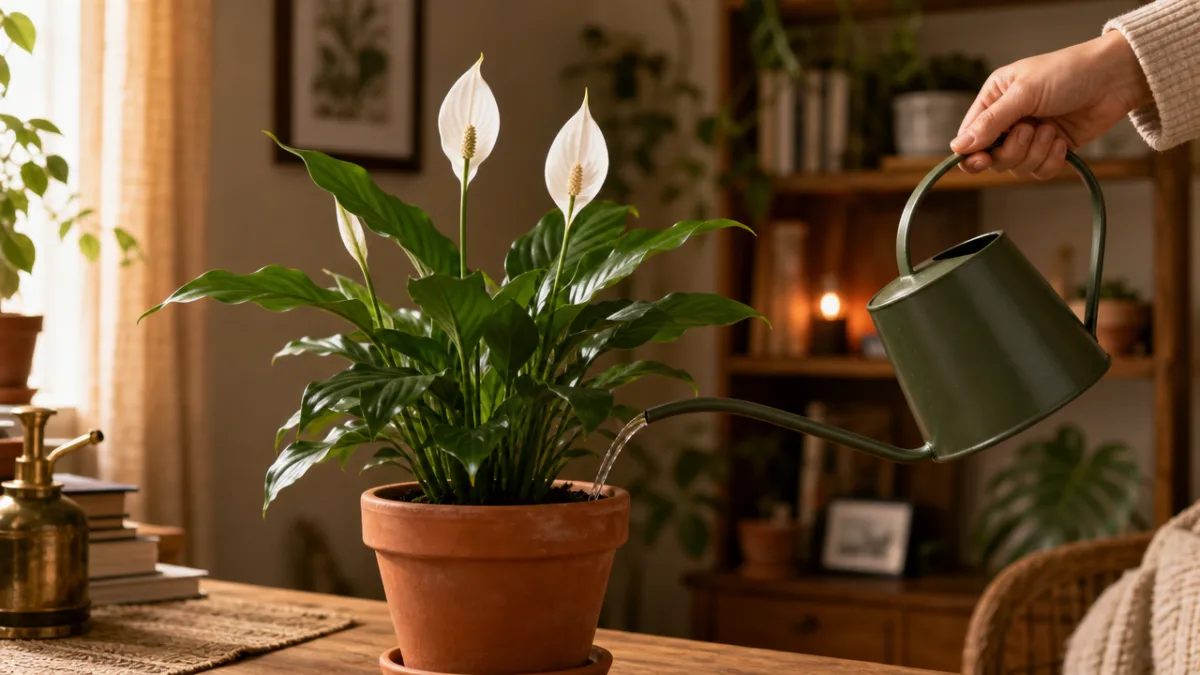 peace lily in a terracotta pot being watered gently with a long-spout…