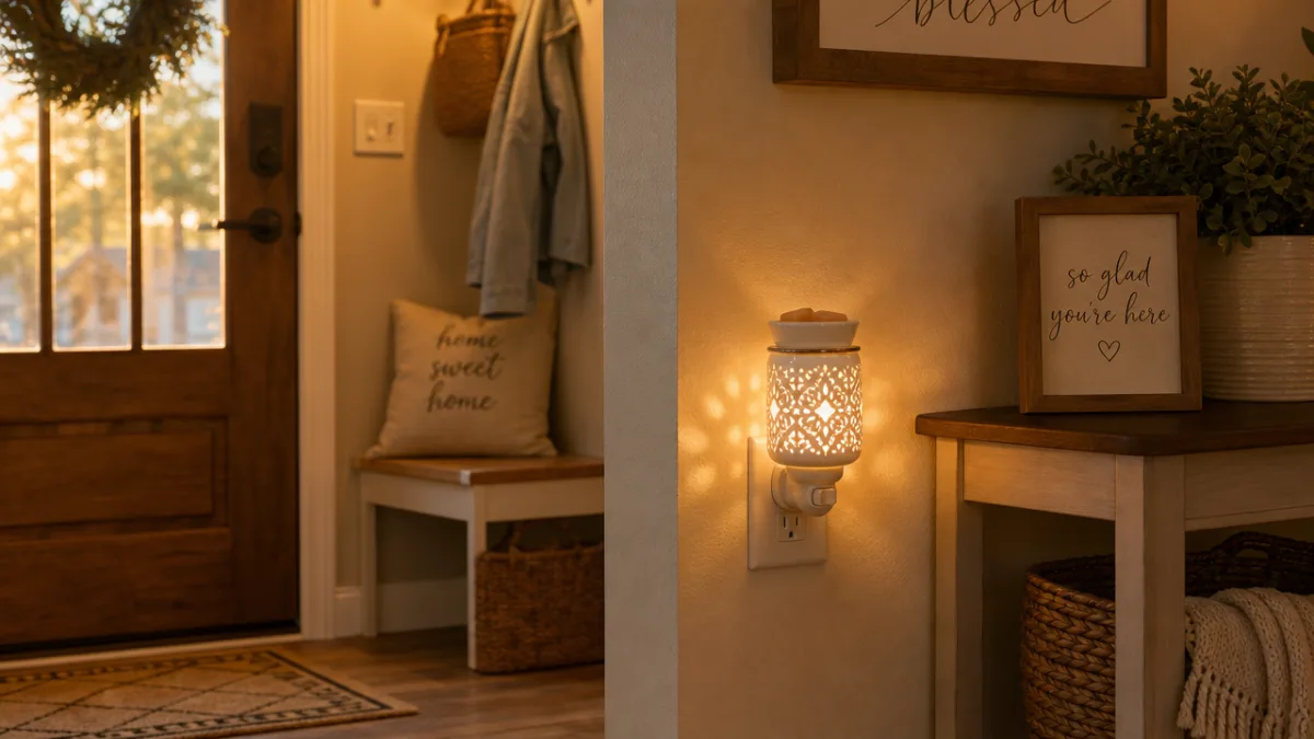 a warm and inviting home entryway with a Scentsy plug-in warmer glowing…
