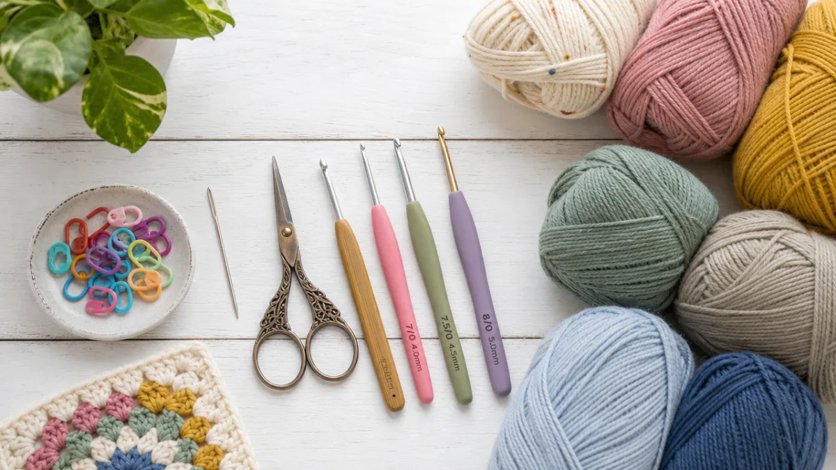 a flat lay of crochet tools including yarn needle, scissors, colorful yarn…