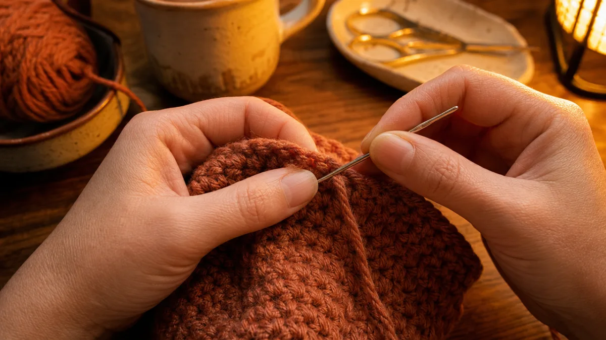 close-up of hands working an invisible join in crochet with a tapestry…