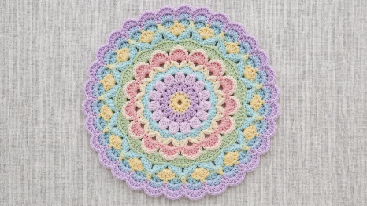 a finished crochet mandala in pastel colors with a perfectly seamless invisible…
