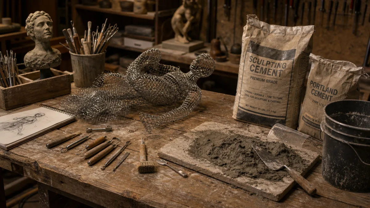 a rustic wooden workbench covered with sculpting tools, wire mesh, and bags…