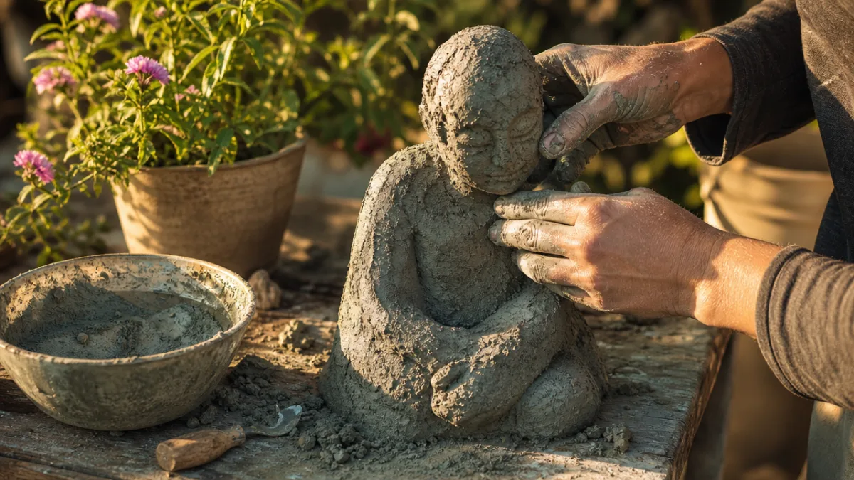 hands shaping a rough cement garden sculpture on an outdoor table, golden…