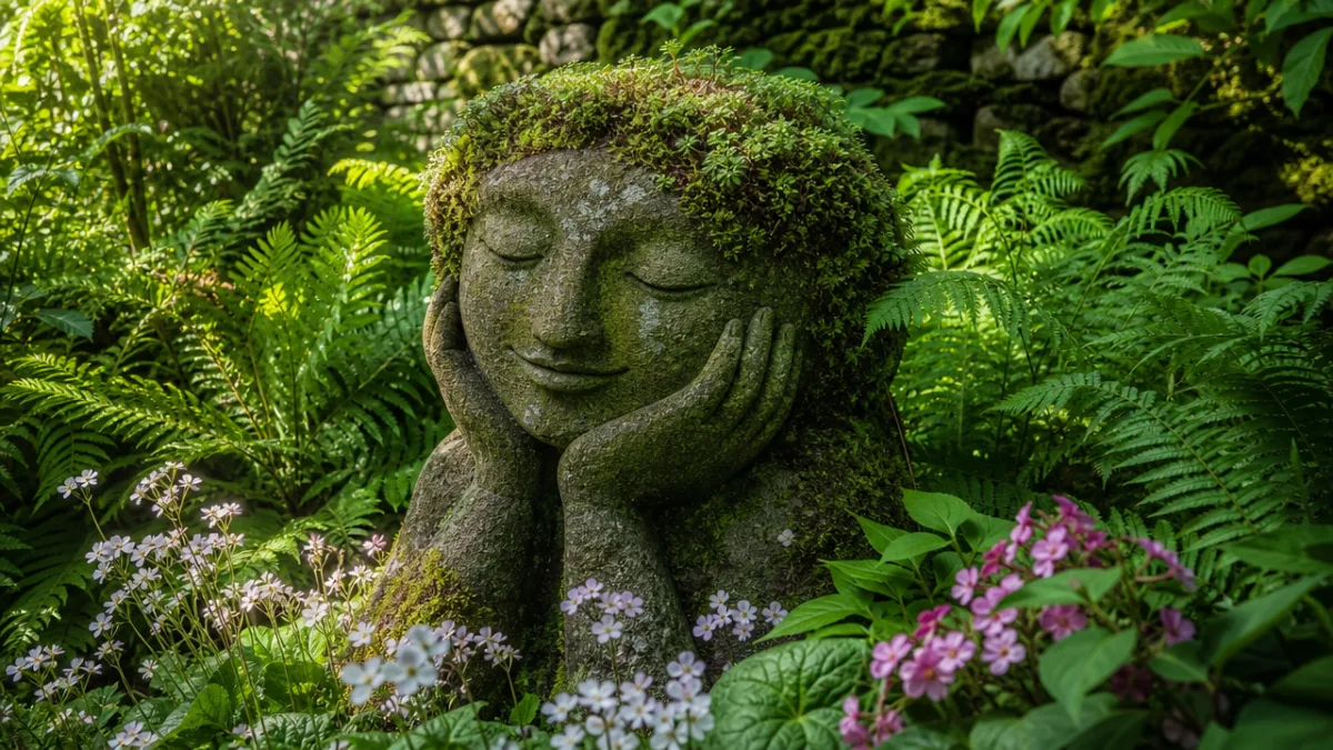 a finished mossy stone garden sculpture nestled among lush green ferns and…