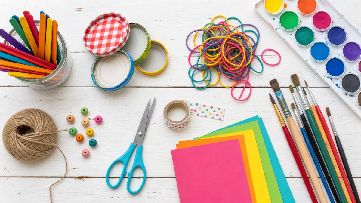 a flat lay of colorful craft supplies including jar lids, rubber bands,…