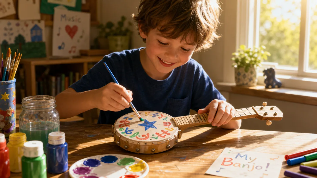 a cheerful child decorating a small banjo craft with colorful paints at…