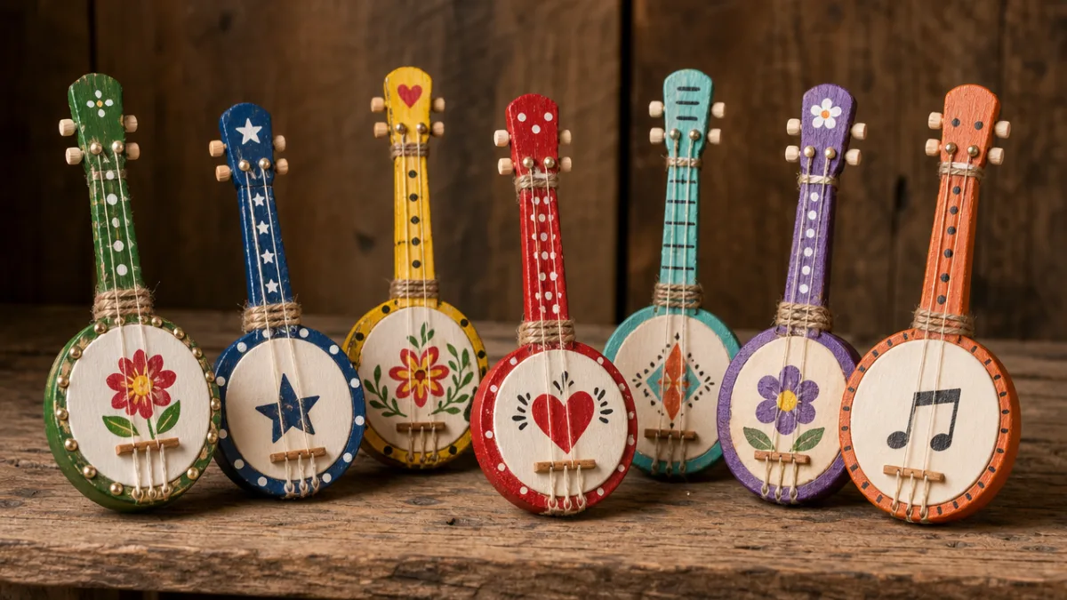 a group of small colorful handmade banjo crafts displayed together on a…