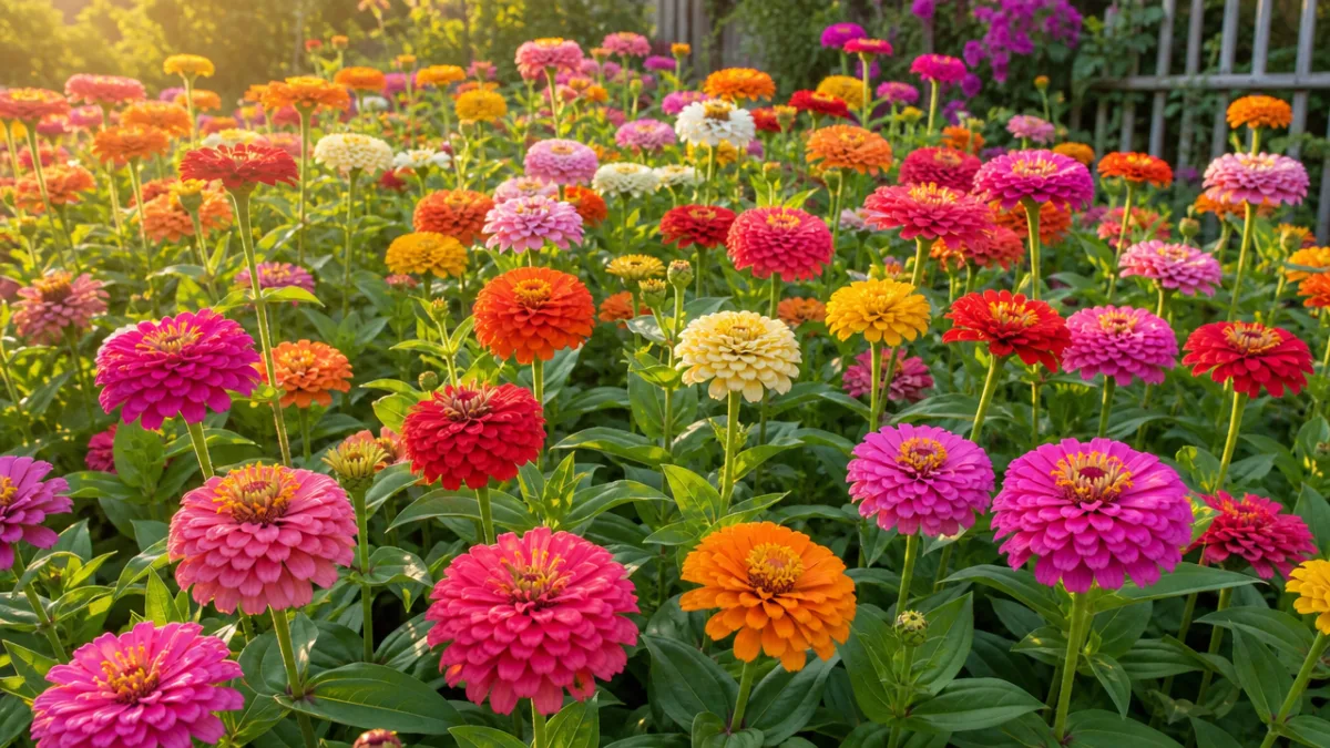 a lush zinnia flower bed in full summer bloom with vibrant mixed…