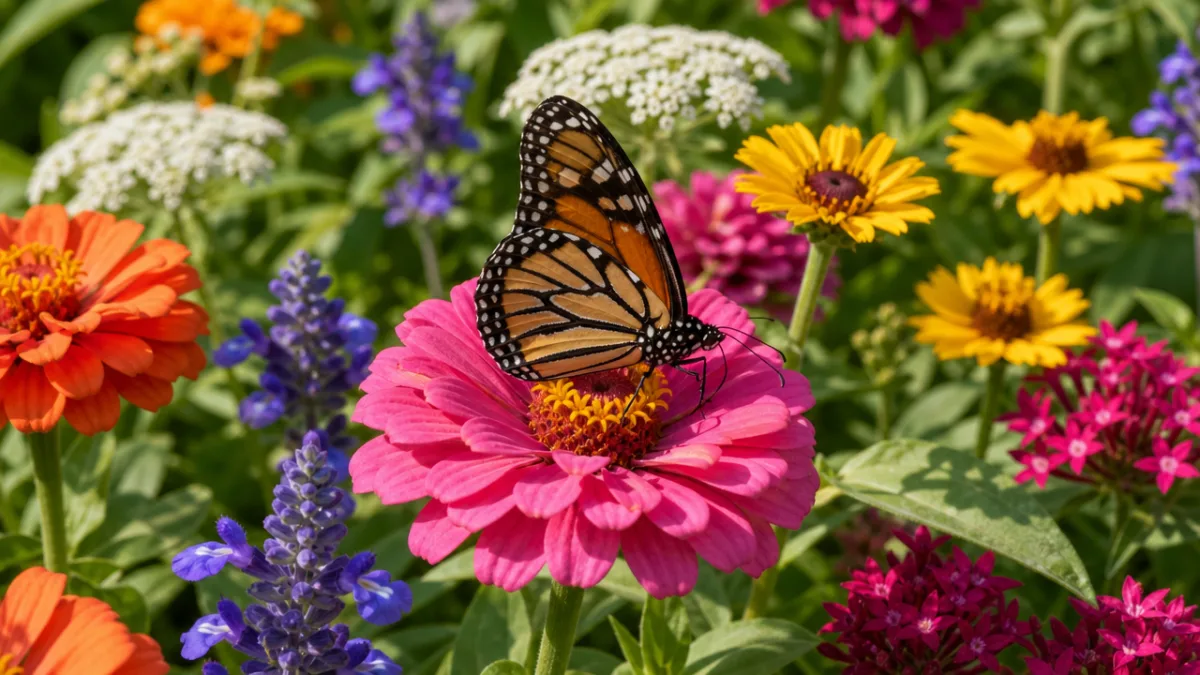a butterfly resting on a zinnia bloom surrounded by companion flowers, soft…