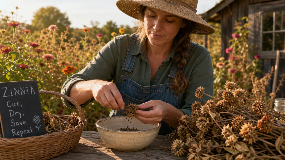 a gardener harvesting zinnia seeds from dried flower heads on a warm…