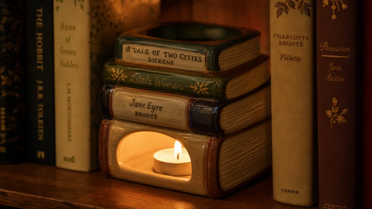 a close-up of a ceramic book stack oil burner on a wooden…